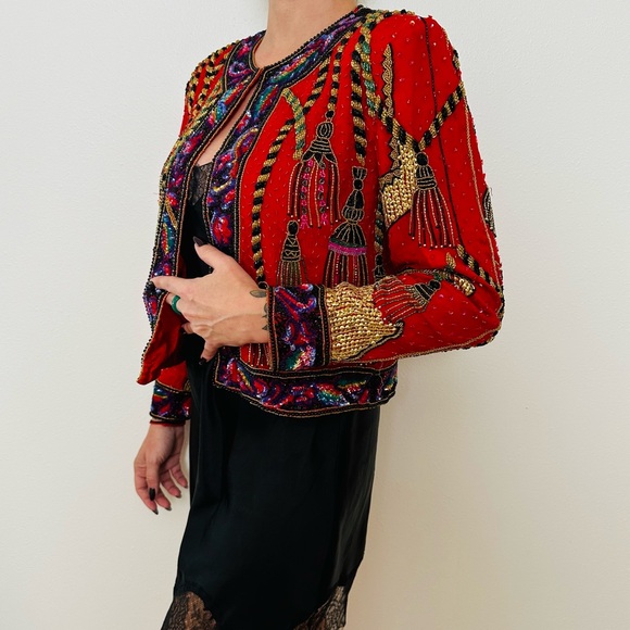 Vintage 90s Niteline Della Roufogali Silk Beaded Jacket with Tassel Design - Picture 4 of 11